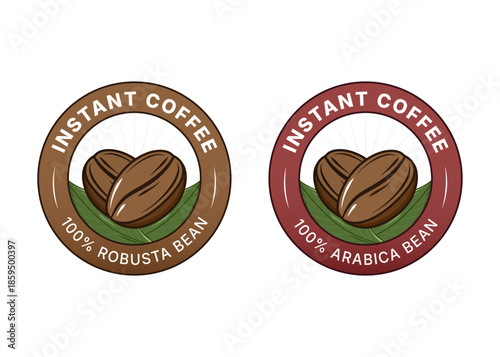 Instant Coffee Label Design Set with Robusta and Arabica Bean Illustration, Round Badge Sticker for Coffee Packaging, Cafe Branding, Roastery Product Identity Vector