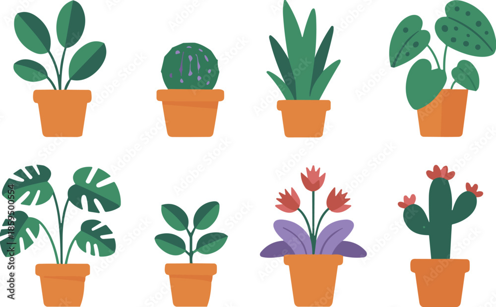 Fototapeta premium Vector Illustration Collection of Various Potted Houseplants Including Monstera Cactus and Succulents in Terracotta Pots for Interior Design and Indoor Gardening
