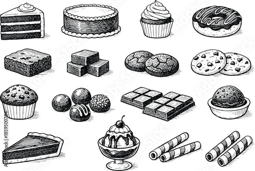 Hand drawn chocolate dessert engraving illustration set with cakes cookies cupcakes truffles vintage black and white bakery sweets collection