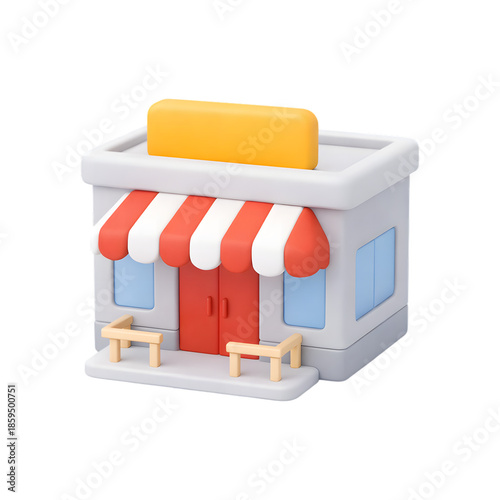A charming 3d cartoon rendition of a small shop with a striped awning and a blank sign isolated on transparent background