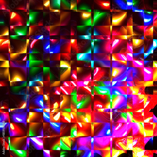 Colorful prismatic mosaic featuring fragmented geometric shapes with radiant light reflections creating a vibrant abstract artistic background