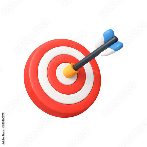 Arrow perfectly hitting the bullseye on a vibrant red and white target board isolated on transparent background