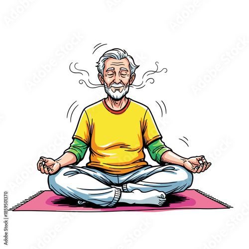 Elderly man practicing breathing on mat while meditating and smiling  