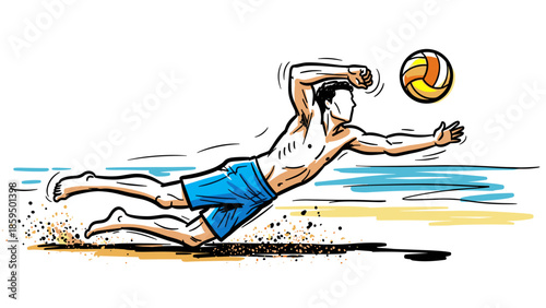 Beach volleyball player diving for ball on sand - Concept of health  
