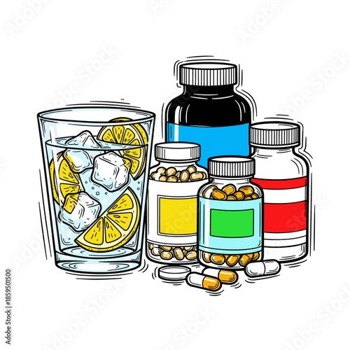 Supplements beside glass of lemon water with ice cubes and bottles  