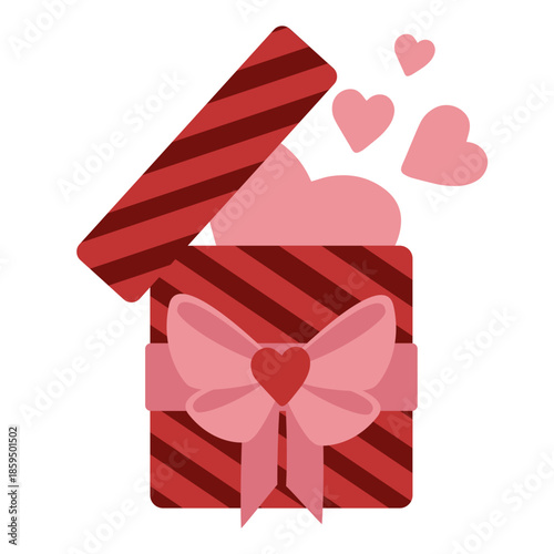 Striped gift box with large pink bow and flying hearts. Romantic Valentines Day illustration ideal for love cards, festive banners, invitations, packaging, and promotional designs