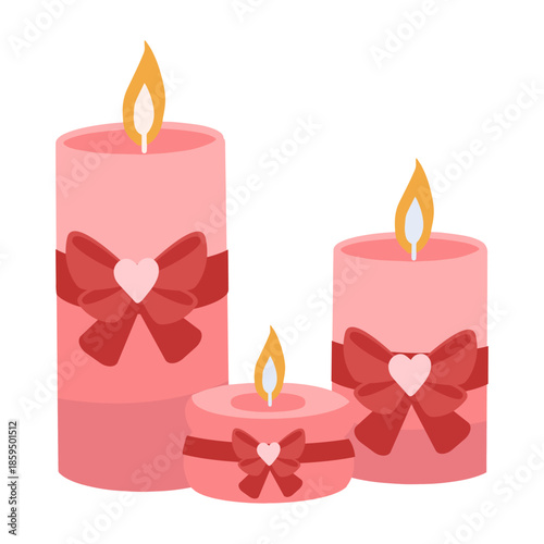 Three pink candles of different sizes decorated with bows. Romantic Valentines Day illustration perfect for greeting cards, banners, invitations, romantic designs, and festive promotions
