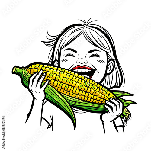 Girl biting into boiled corn while smiling joyfully and holding it  
