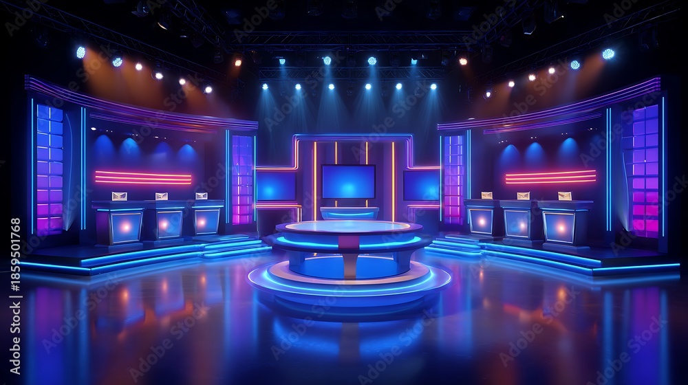 Fototapeta premium A brightly lit, futuristic studio stage with vibrant blue and pink neon lighting