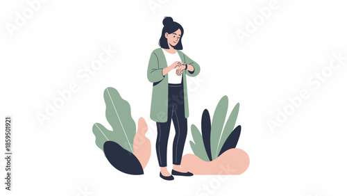Modern woman checking her smartwatch outdoors amidst stylized botanical illustrations
