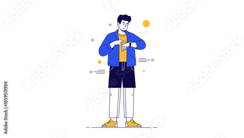 Modern young man in casual fashion looking at smartwatch with thoughts