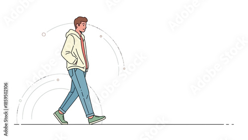 modern young man walking casually with hands in pockets wearing casual hoodie jeans and sneakers