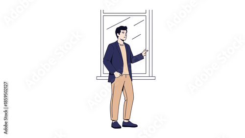 Illustration of a confident young professional standing near a window pointing towards something