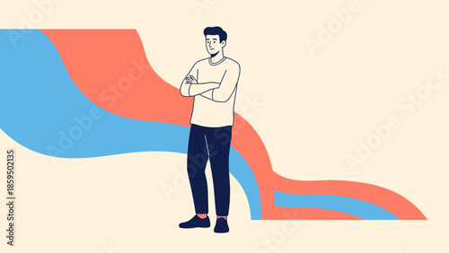 Illustration of a curious man observing colorful abstract background with arms crossed in a