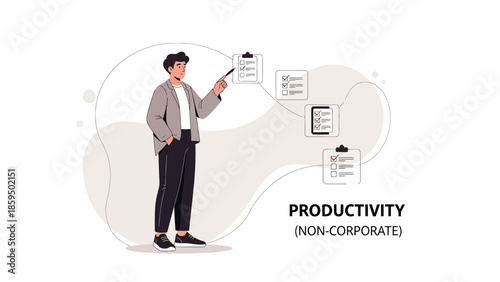 Illustration of a man analyzing productivity charts and checklists emphasizing non-corporate