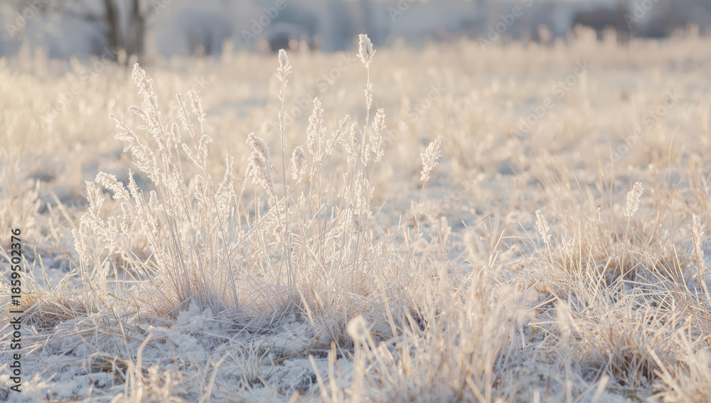 Fototapeta premium Frosted grass winter meadow morning frost frozen field backlit grass