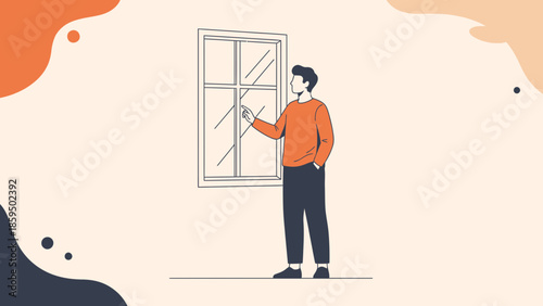 Illustration of a man standing by a window, contemplating the outside view with a thoughtful