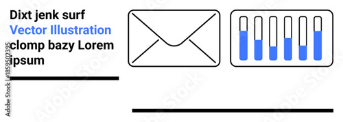 Email envelope icon next to a vertical progress bar with blue levels and placeholder text. Ideal for communication, updates, notifications, technology, modern design, content delivery, simple landing