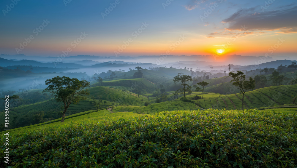 Obraz premium Sunrise tea plantation rolling hill misty morning calm