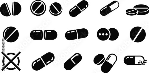 Black medicine pills and capsules icon set, pharmaceutical tablet silhouettes, healthcare drug symbols, medical dosage shapes, flat vector illustration collection