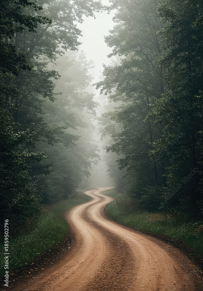 Fototapeta premium A winding dirt road disappears into a dense misty forest, symbolizing a long and challenging journey toward an uncertain future goal ,unknown ,strategy ,distance