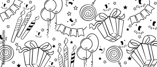 Birthday celebration line art banner with gifts and party elements. Minimal hand drawn line art banner with birthday gifts, balloons, candles, confetti and party decorations. Perfect for website heade
