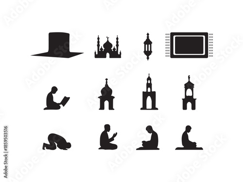 A collection of black silhouettes depicting Islamic architecture, prayer, and religious symbols on a white background.
