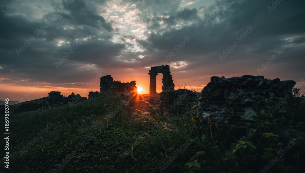 Obraz premium Ancient stone ruins at sunset with dramatic clouds and warm light