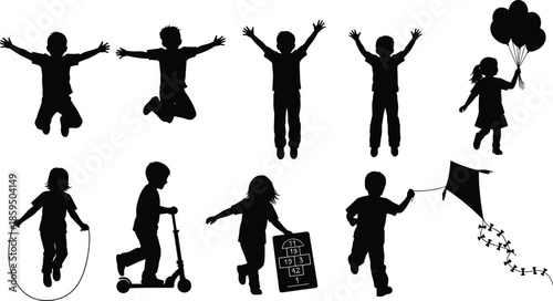 Happy children silhouettes playing and jumping, kids activities icons set, childhood fun moments, outdoor games and playtime, black and white vector illustration