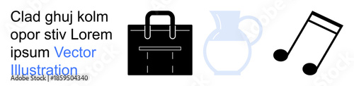 Business, lifestyle, music, organization, shopping simplicity. Black bag transparent pitcher and musical note. Business and lifestyle concept. Line metaphor. Simple line icons