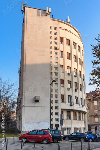 Belgrade, Serbia - December 20, 2025:Tanjug Building on Obilic's wreath and Police academy building