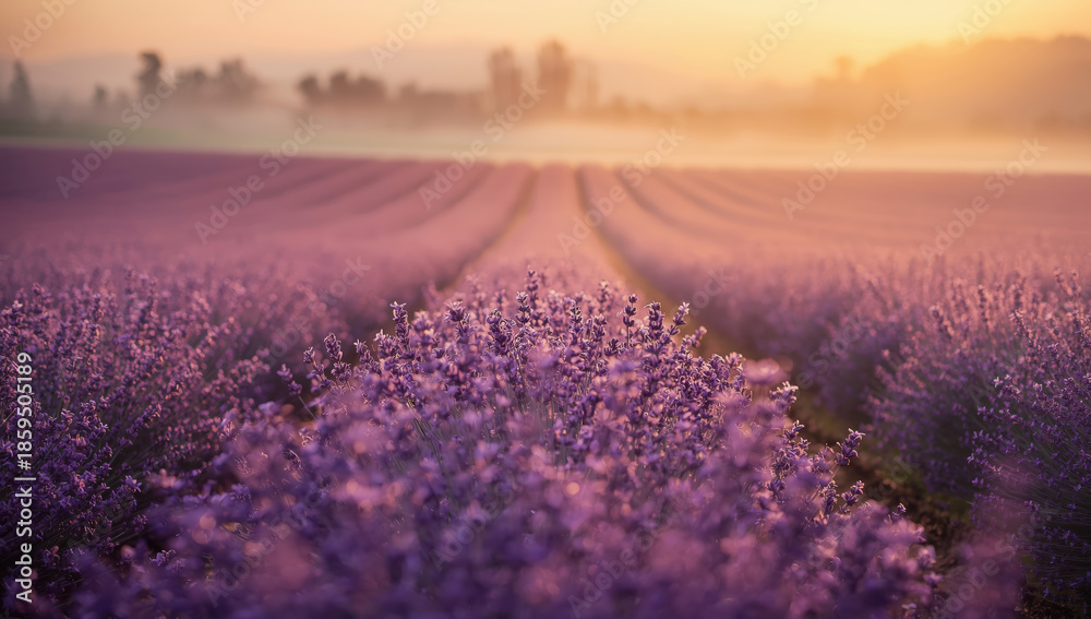 Obraz premium Lavender field sunrise mist purple bloom rural landscape calm atmosphere