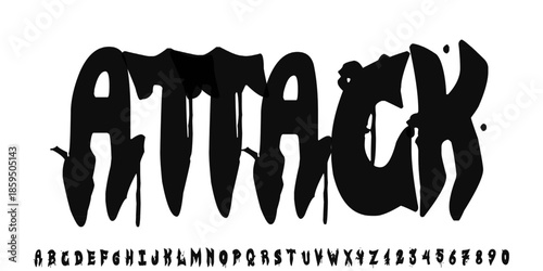 Melting font. liquid, flowing english alphabet with drops and drips, thawing latin letters and numbers, fluid typography, fused deformation, topping lettering vector flat isolated set