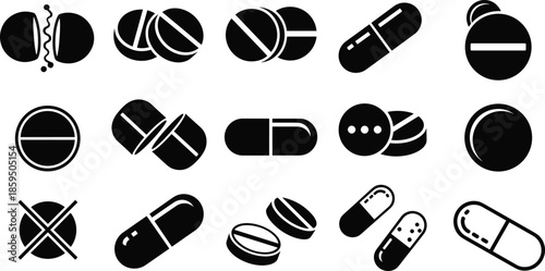 Medical pills, pharmacy capsules, healthcare tablets, pharmaceutical icons, drug symbols, medicine silhouettes, prescription graphics, pharmacy illustration, healthcare vector set, black and white 