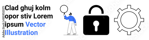 Stick figure with balloon, lock for security, gear for processes. Ideal for technology, innovation, brainstorming, cybersecurity, operations, workflow simple landing page