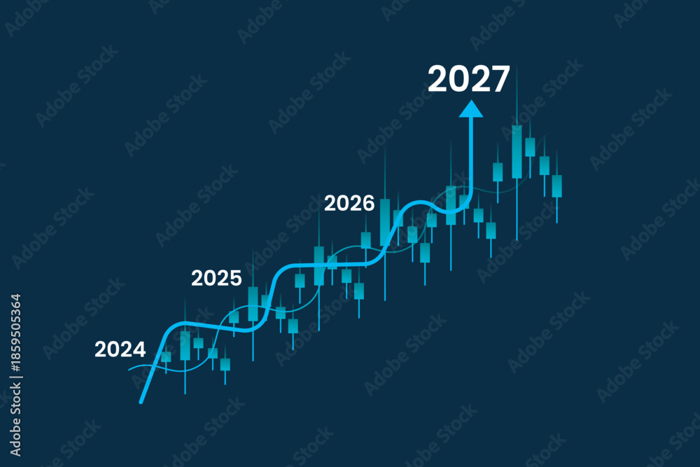 Obraz premium Stock Market Growth Chart 2024–2027, Investment Trading Graph with Upward Trend, Business Analytics and Financial Forecast Data Visualization, Vector Illustration.