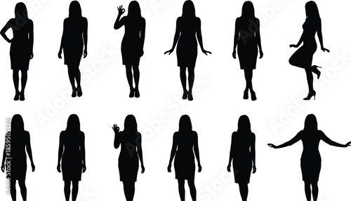 Female silhouettes standing poses set, black vector illustration of women full body figures isolated on white background, minimalist, modern, design