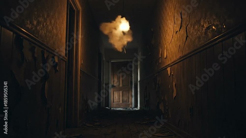 Spooky Abandoned Hallway with Peeling Paint and Dim Light Bulb in a Haunted House.