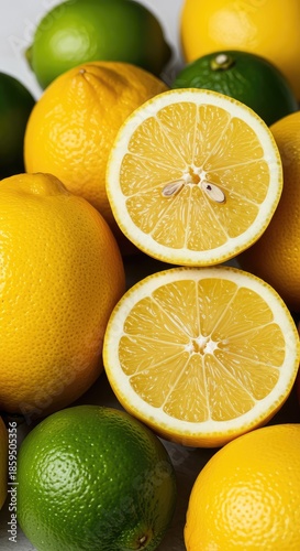 Bright, vibrant arrangement of fresh, acidic lemons and juicy limes, emphasizing sourness and intense flavor profiles for cooking and detox drinks ,closeup ,sour ,texture