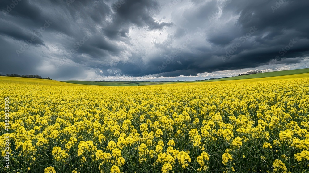 Obraz premium Canola flower fields in bloom, a vast landscape of intense yellow under a dramatic, cloudy sky, creating a powerful contrast, wide-angle panoramic shot. 