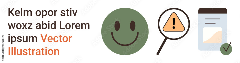 Fototapeta premium Education, communication, caution, data approval, positivity, awareness. A happy face, magnifier on warning document with checkmark. Communication and caution in digital and physical contexts
