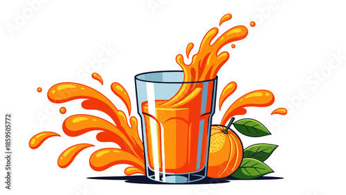 A vibrant splash of fresh orange juice exploding from a glass, with ripe oranges and green leaves on the side