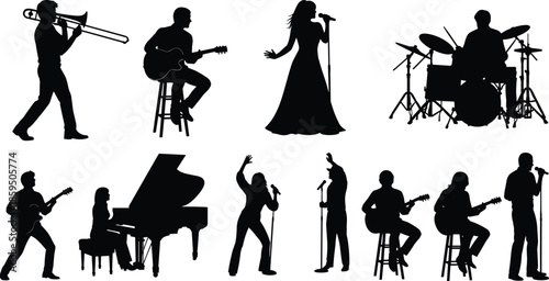 Musician silhouettes performing live, singer guitarist drummer pianist band icons, concert music performance collection, black and white vector illustration, set design art