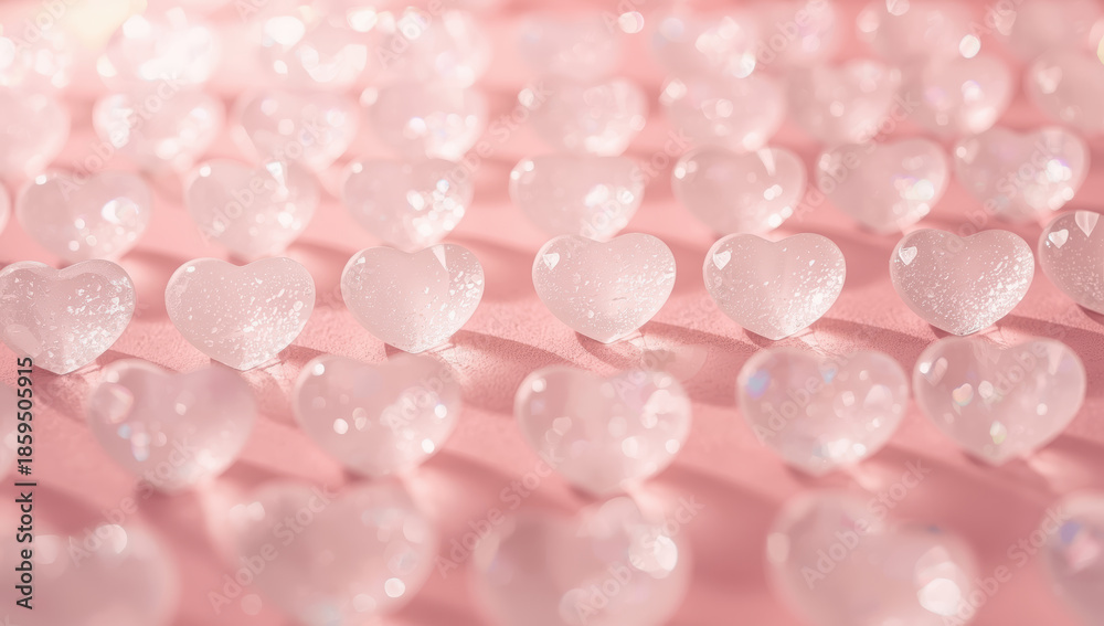 Fototapeta premium Sparkling heart candy on pink surface with soft bokeh lighting