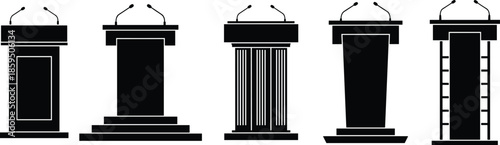 Podium and lectern silhouettes set, public speech stands, political conference presentation platforms, debate and announcement symbols, black and white vector illustration