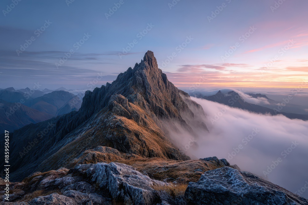 Obraz premium Quiet Mountainscape: Lone Summit and Rolling Clouds at Sunrise