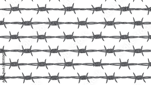 Repeating pattern of sharp barbed wire strands on a white background representing prison, borders, boundary, protection, and restricted areas.