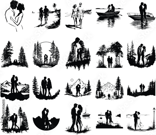 Romantic couple silhouette scene collection, love stories in nature, couples walking kissing boating, black and white illustration set