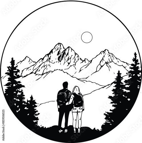 Romantic couple silhouette watching mountains, love relationship in nature, outdoor adventure illustration, black and white landscape art