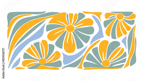 Vibrant floral pattern with stylized flowers in yellow and blue hues